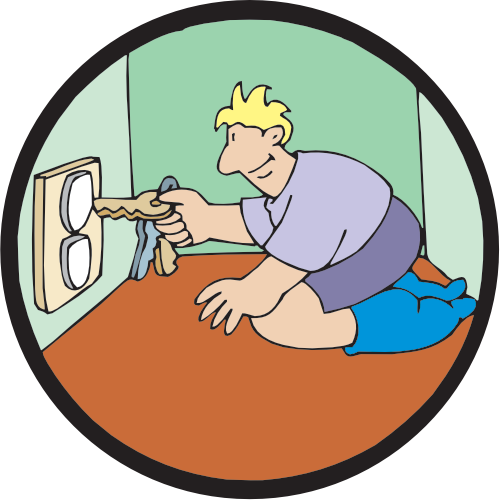 A cartoon depiction of a boy trying to put a key in an outlet that has been child-proofed.